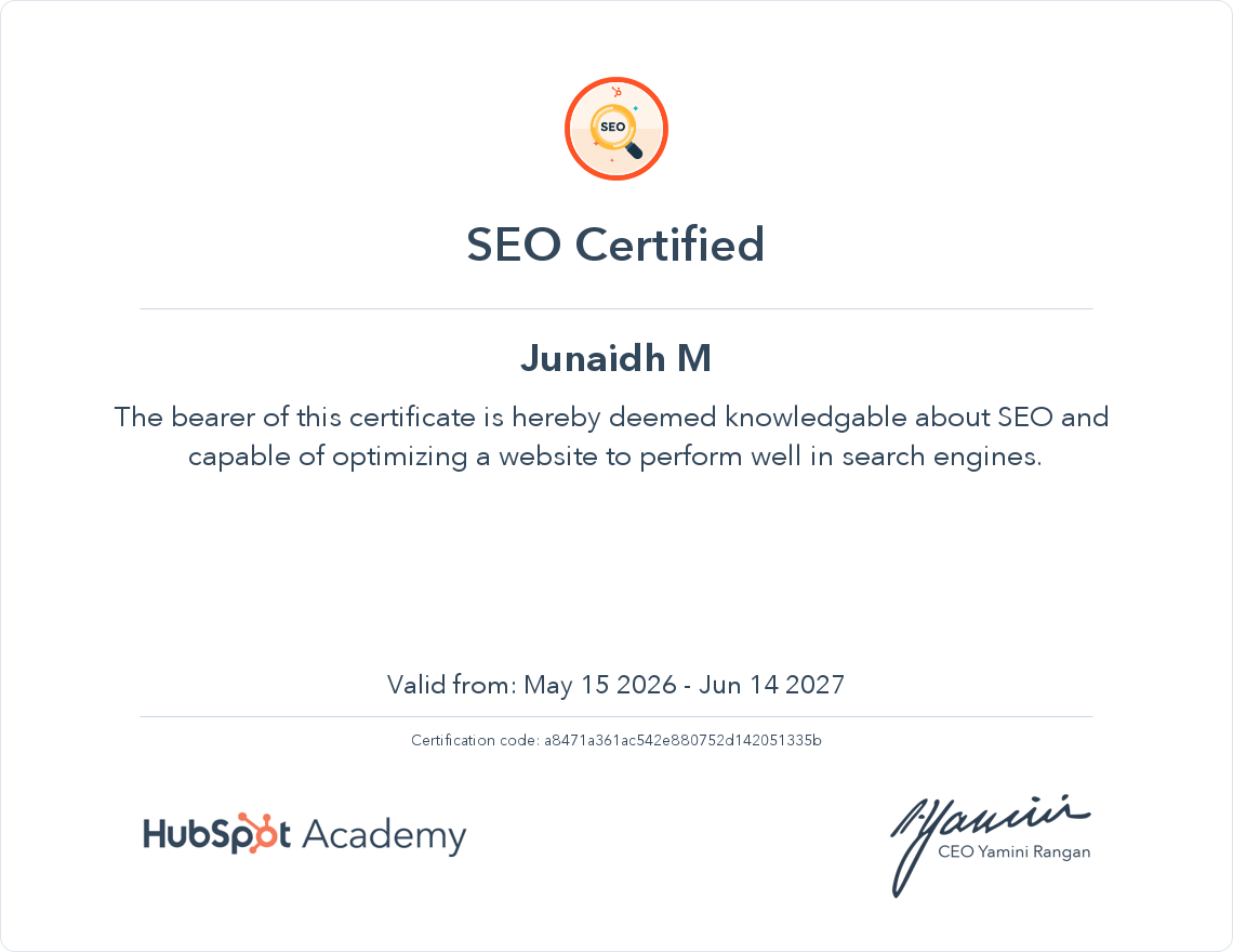 Hubspot certificate Digital Marketing Junaidh M