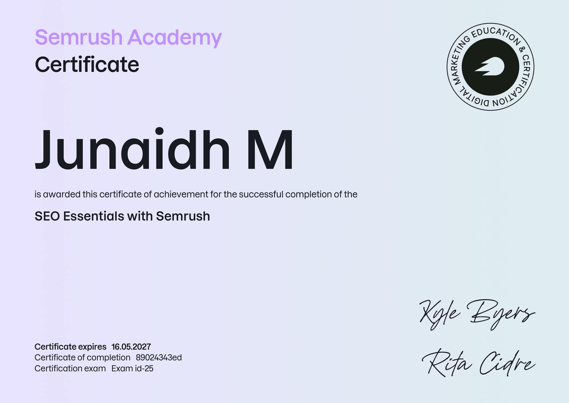 Semrush certificate Digital Marketing Junaidh M